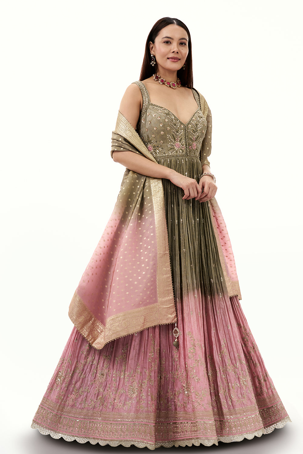Ombre Grey and Pink Brocade Silk Anarkali Suit with Zari and Mirror Work