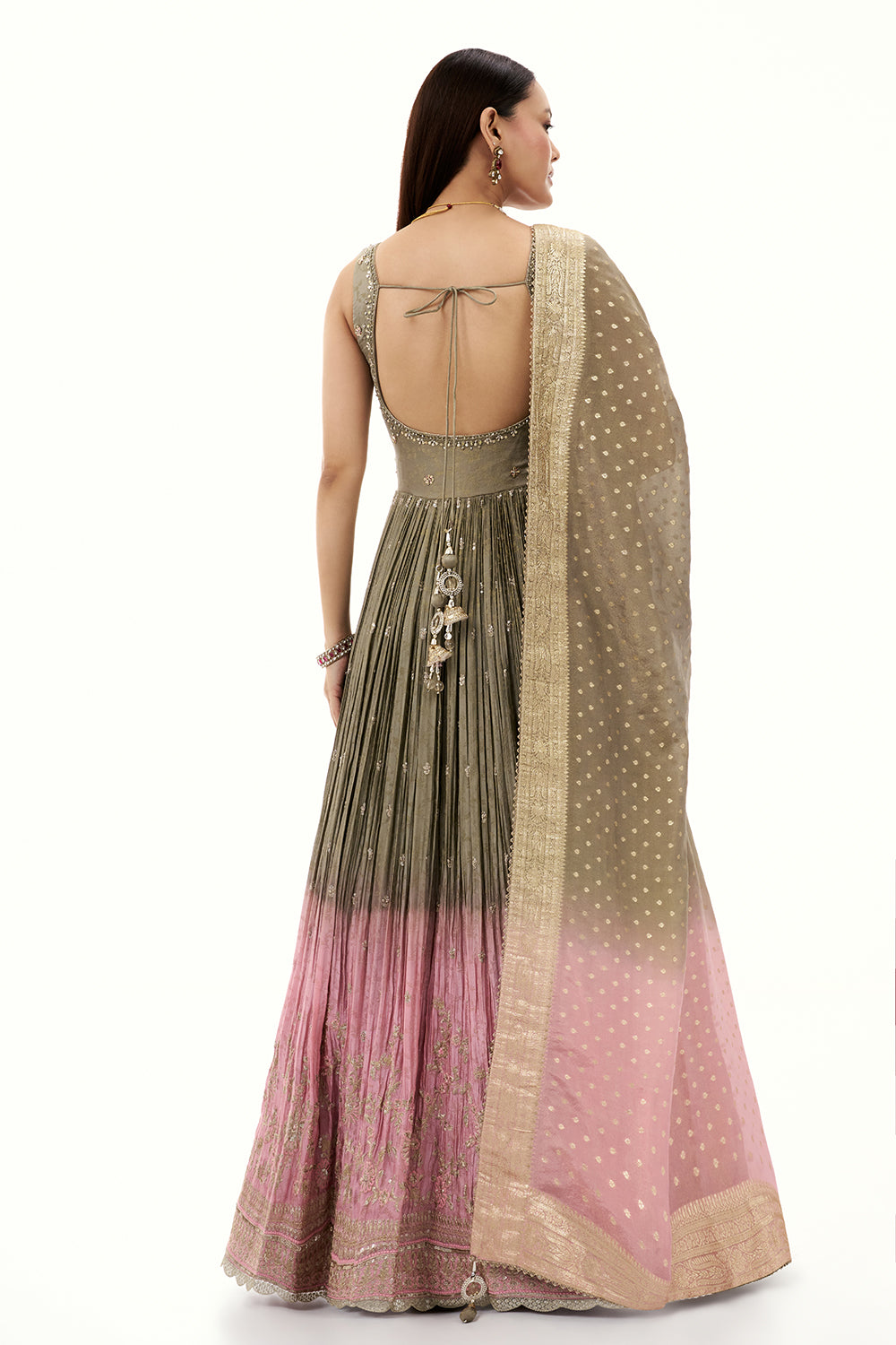 Ombre Grey and Pink Brocade Silk Anarkali Suit with Zari and Mirror Work
