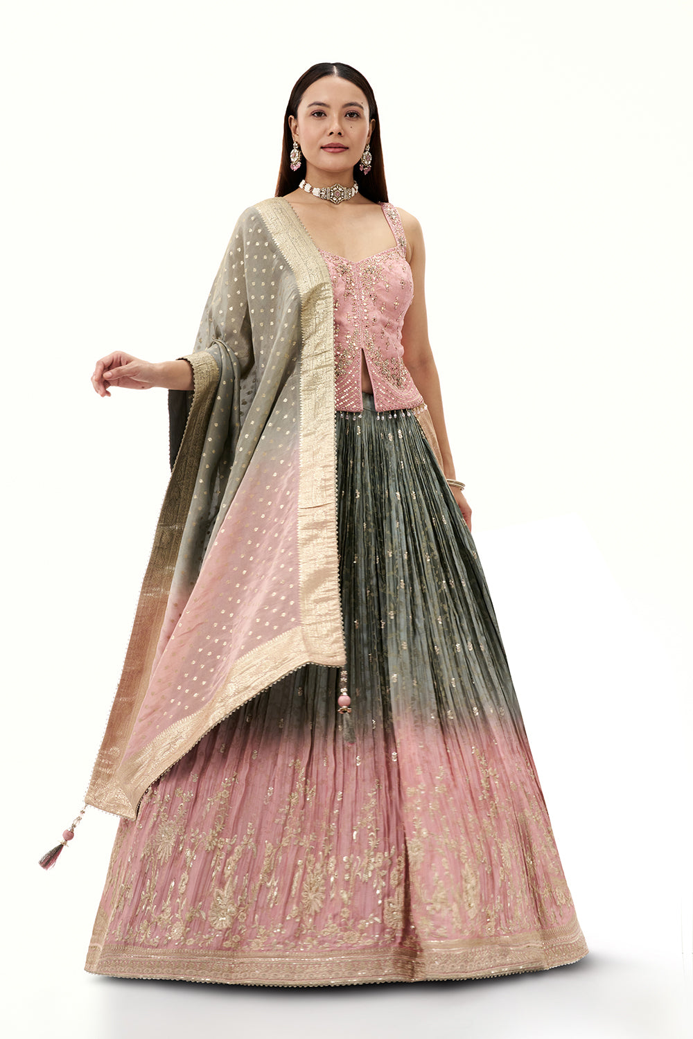 Ombre Grey and Pink Jacquard Lehenga with Mirror and Sequin Work