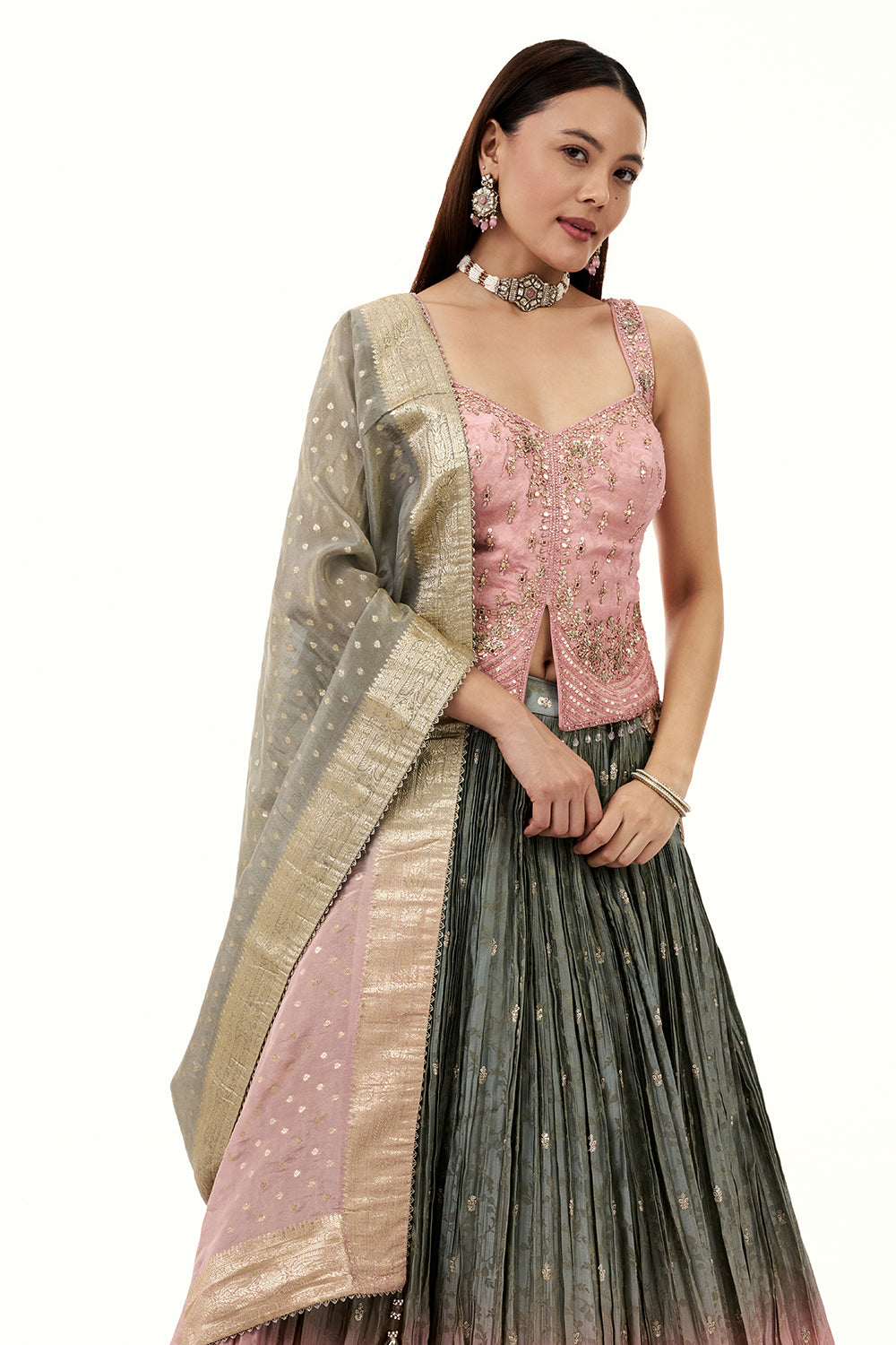 Ombre Grey and Pink Jacquard Lehenga with Mirror and Sequin Work