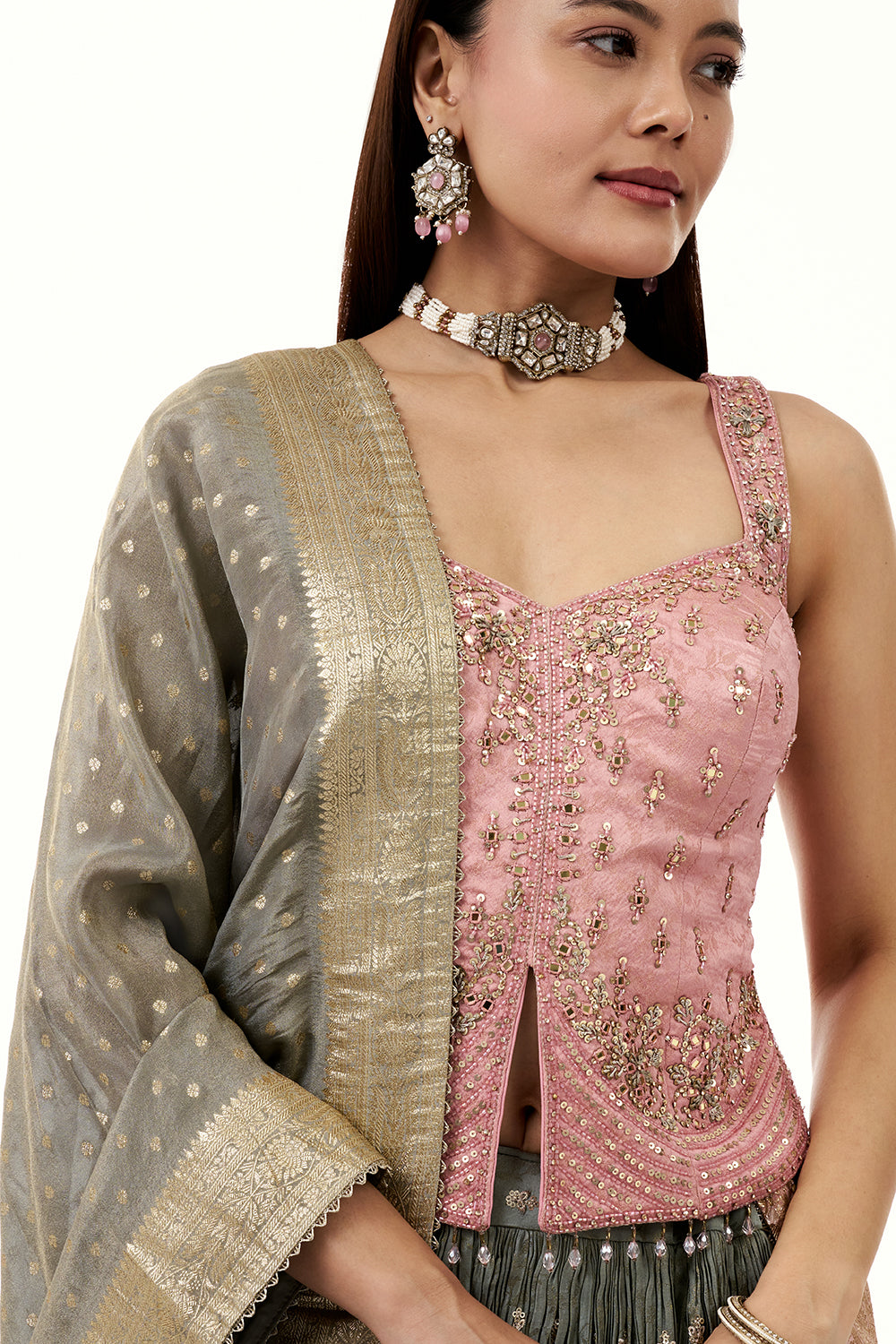 Ombre Grey and Pink Jacquard Lehenga with Mirror and Sequin Work