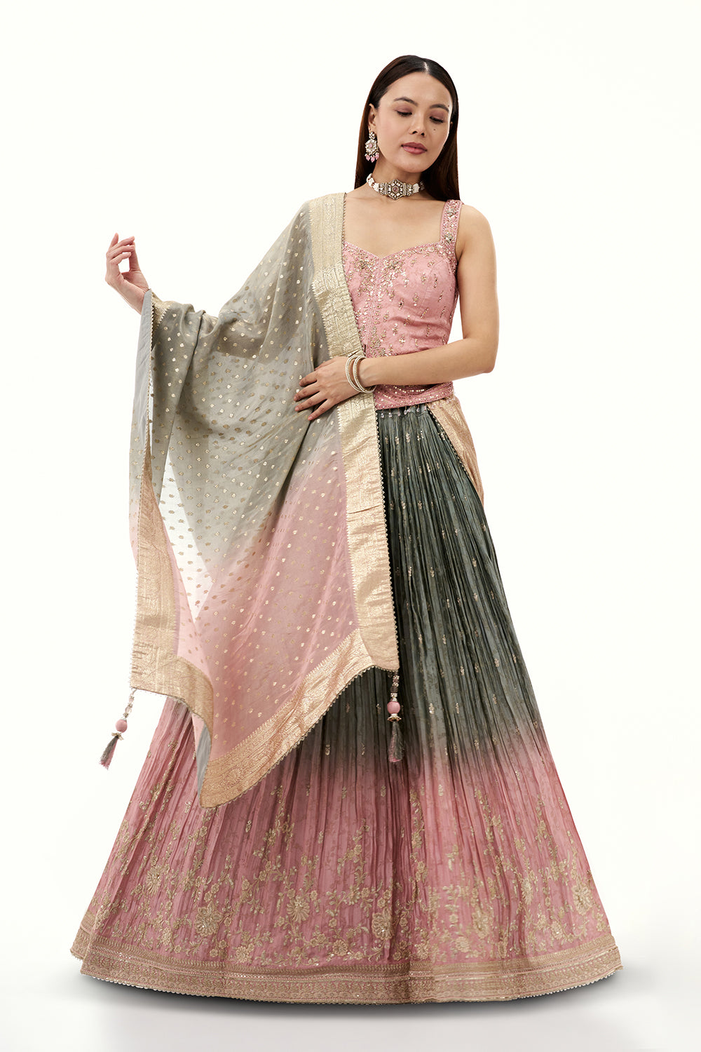 Ombre Grey and Pink Jacquard Lehenga with Mirror and Sequin Work