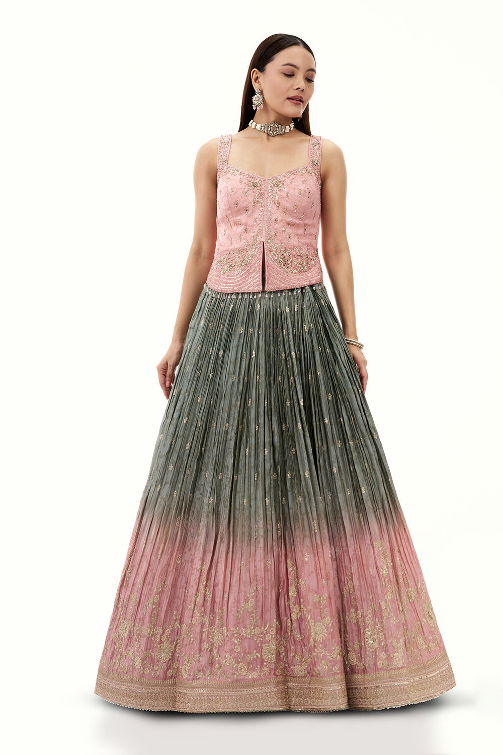 Ombre Grey and Pink Jacquard Lehenga with Mirror and Sequin Work