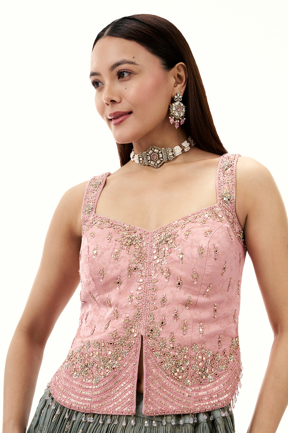 Ombre Grey and Pink Jacquard Lehenga with Mirror and Sequin Work