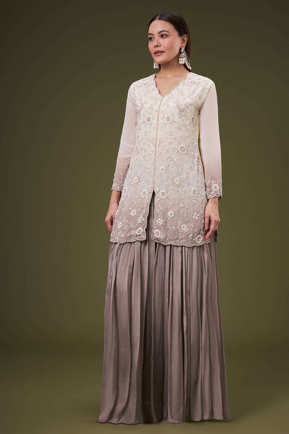 Ombre Grey Chinon Palazzo Suit with Pearl and Resham Work
