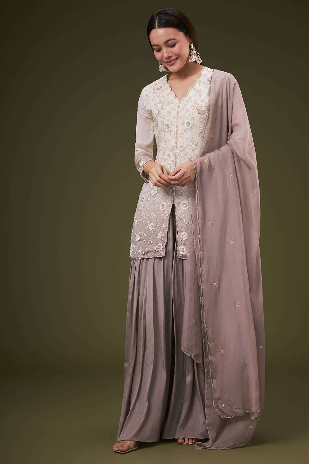 Ombre Grey Chinon Palazzo Suit with Pearl and Resham Work