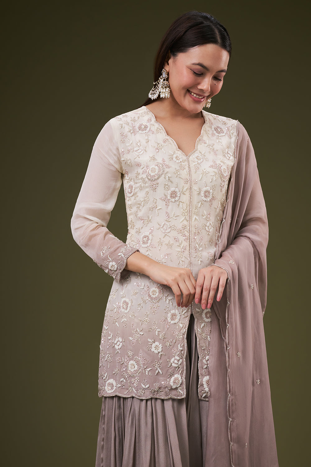 Ombre Grey Chinon Palazzo Suit with Pearl and Resham Work