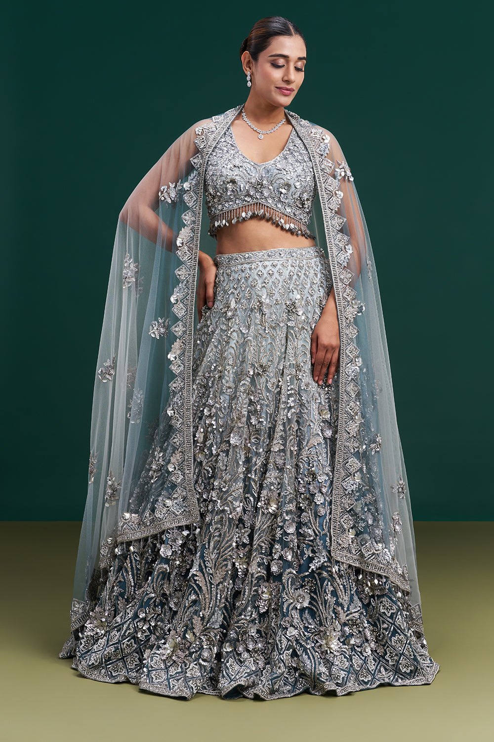 Ombre Grey Net Bridal Lehenga with 3D Floral and Vine Embroidery