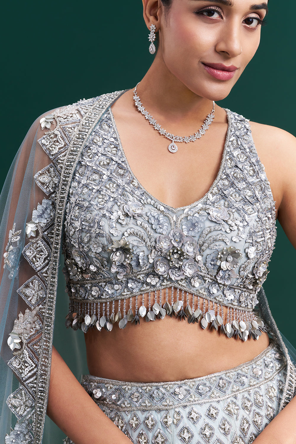 Ombre Grey Net Bridal Lehenga with 3D Floral and Vine Embroidery
