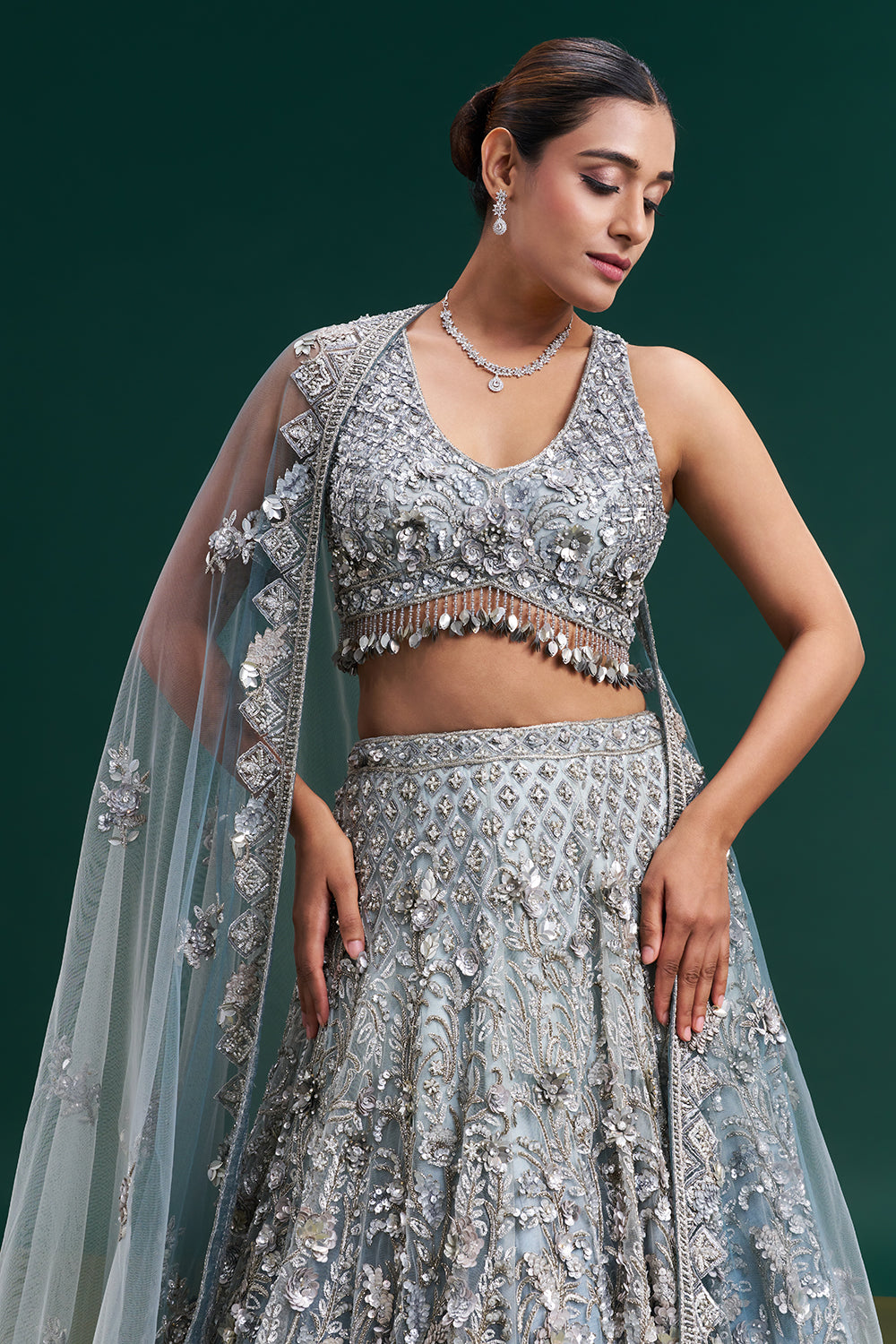 Ombre Grey Net Bridal Lehenga with 3D Floral and Vine Embroidery