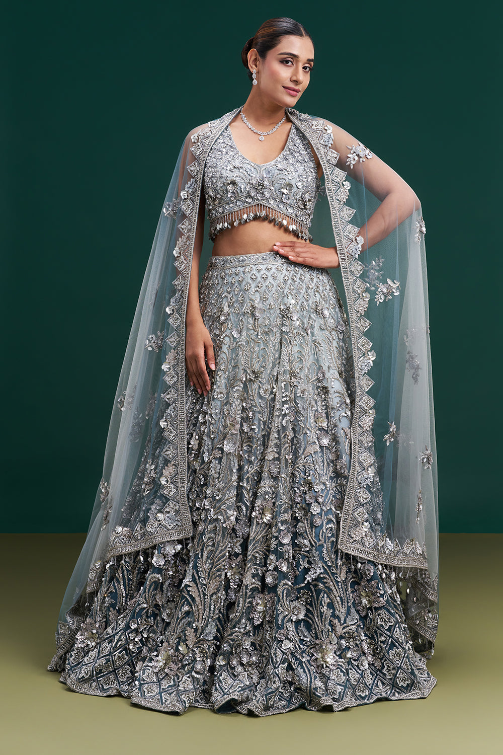 Ombre Grey Net Bridal Lehenga with 3D Floral and Vine Embroidery