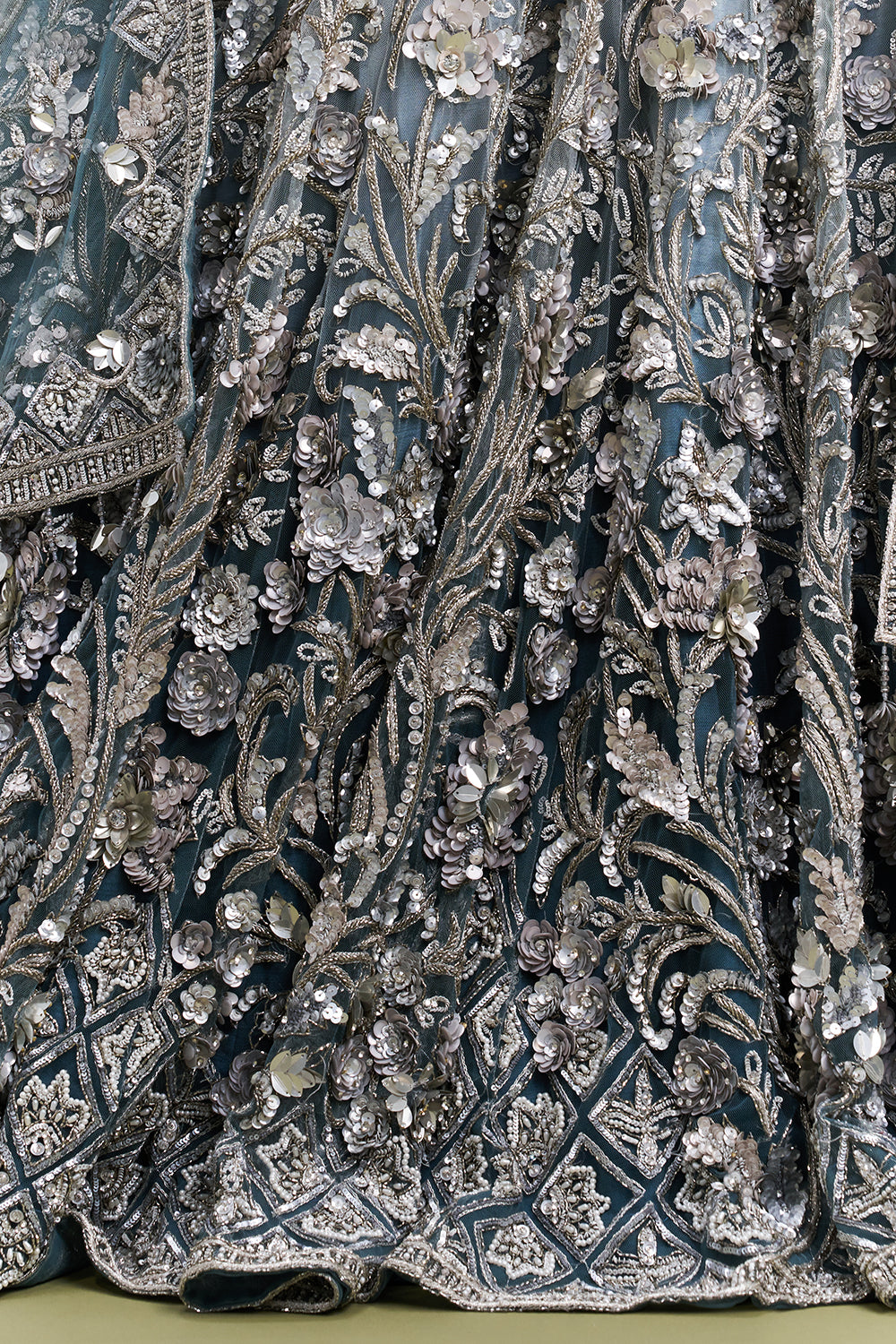 Ombre Grey Net Bridal Lehenga with 3D Floral and Vine Embroidery