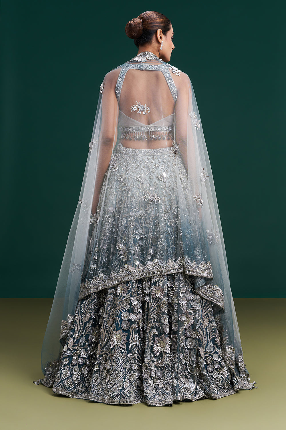 Ombre Grey Net Bridal Lehenga with 3D Floral and Vine Embroidery