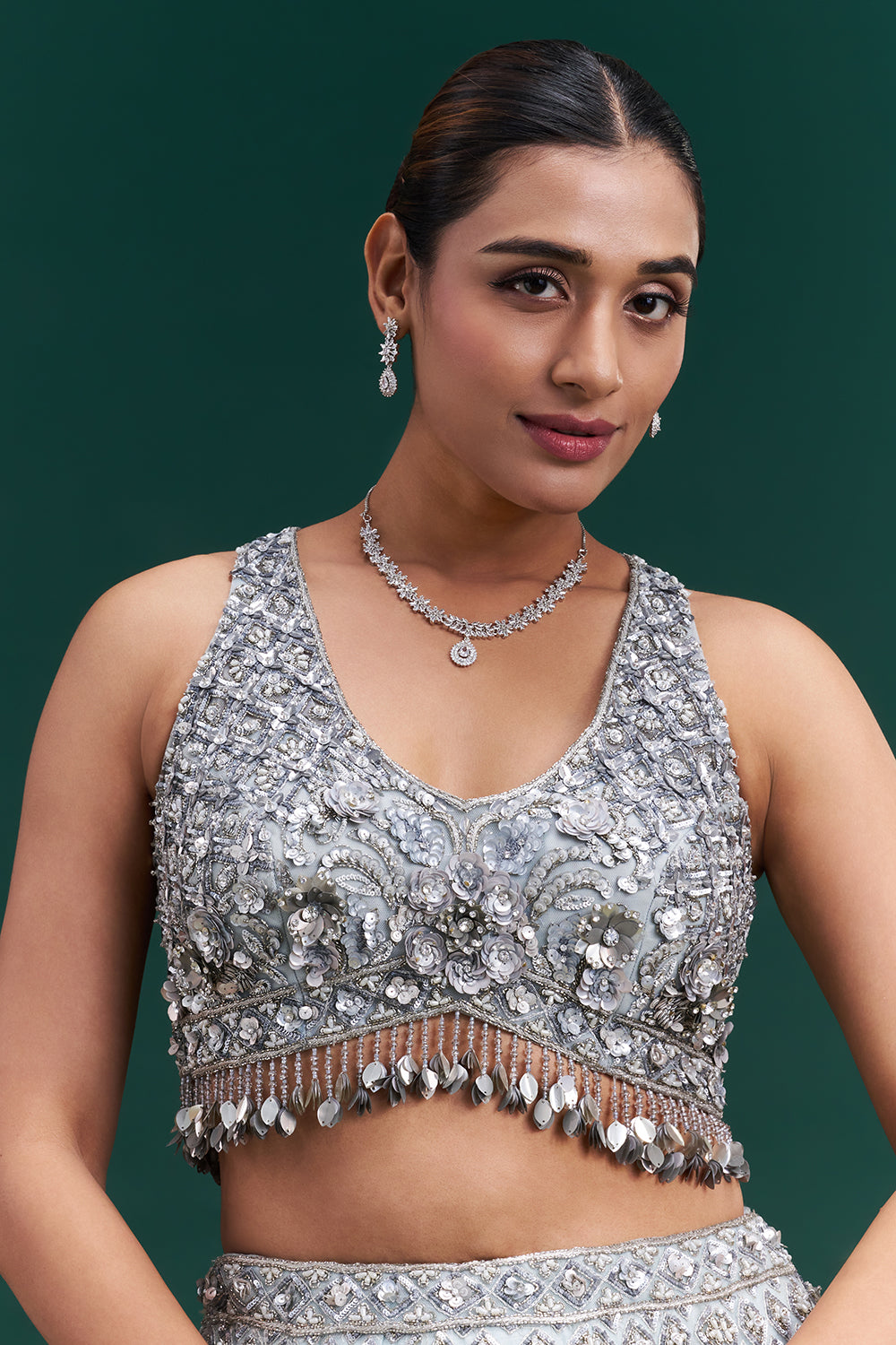 Ombre Grey Net Bridal Lehenga with 3D Floral and Vine Embroidery
