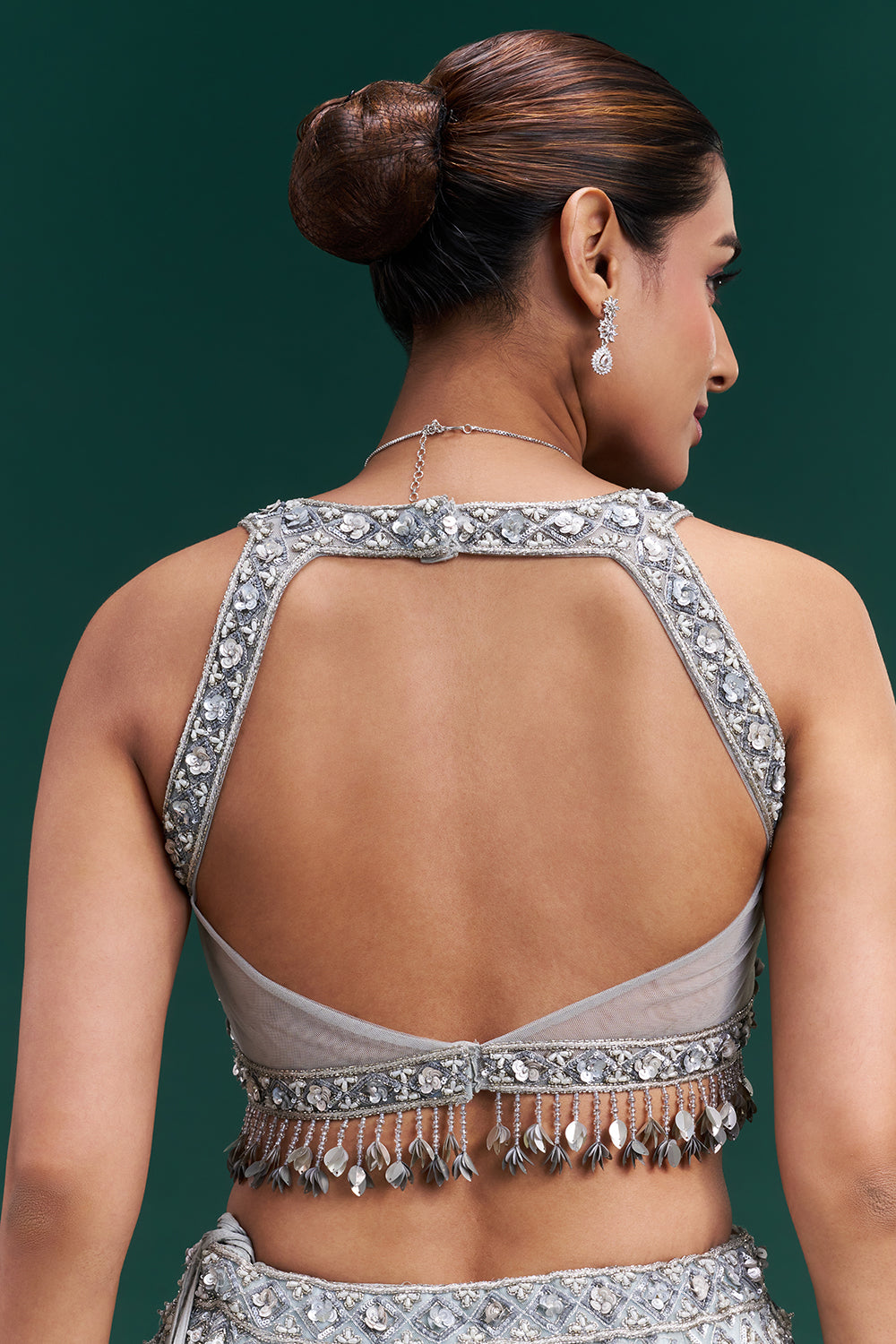 Ombre Grey Net Bridal Lehenga with 3D Floral and Vine Embroidery