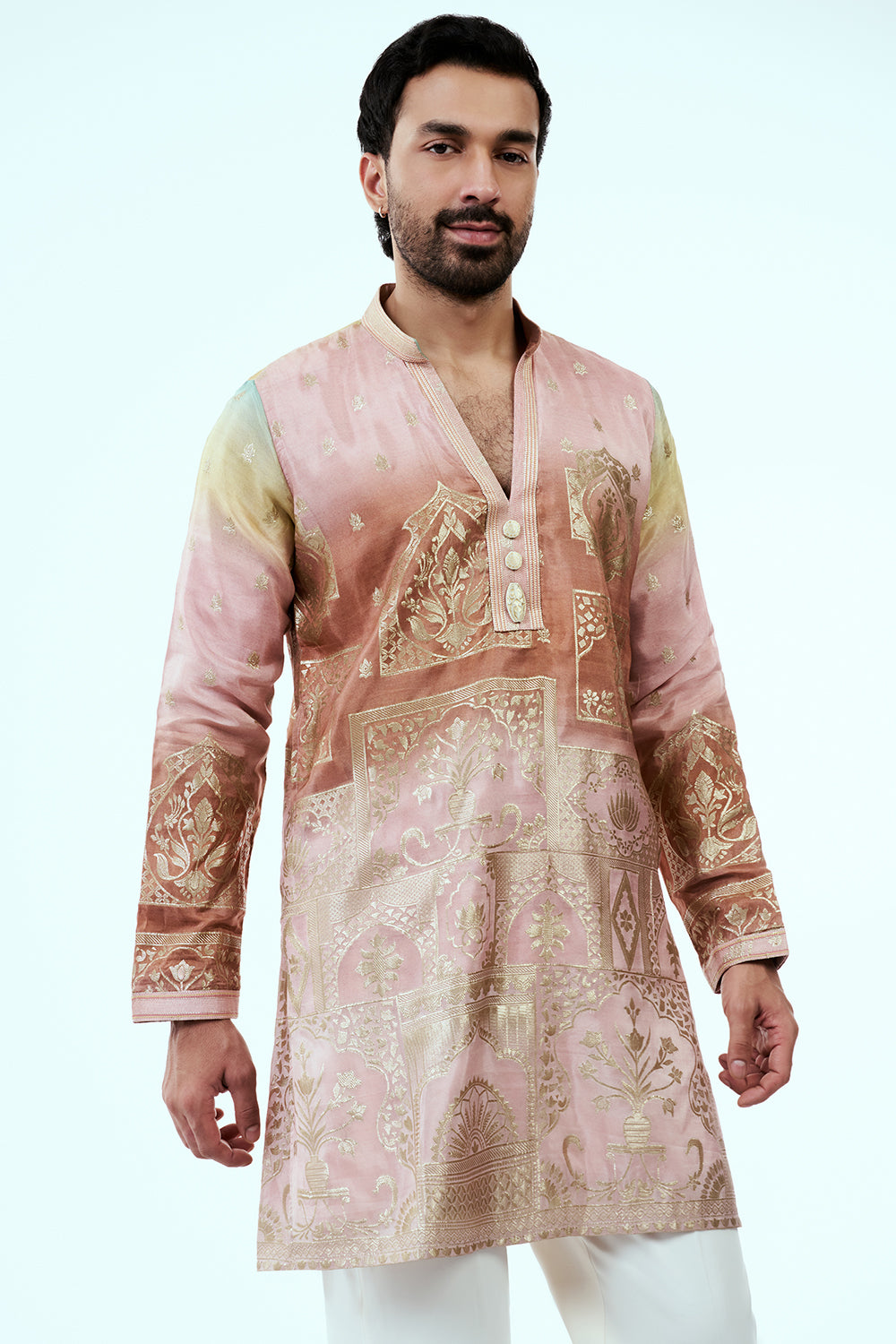 Ombre Peach Art Silk Mens Kurta Set with Traditional Print