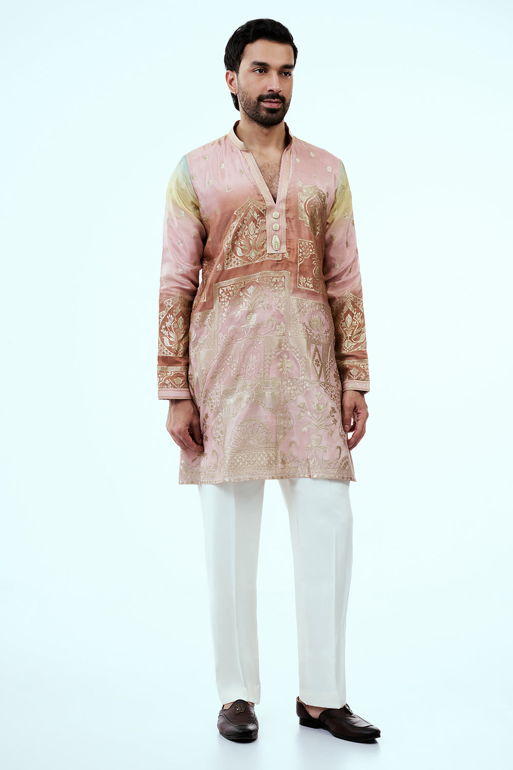 Ombre Peach Art Silk Mens Kurta Set with Traditional Print