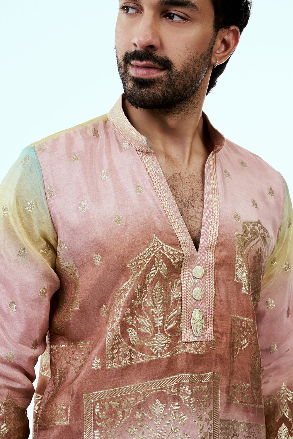 Ombre Peach Art Silk Mens Kurta Set with Traditional Print