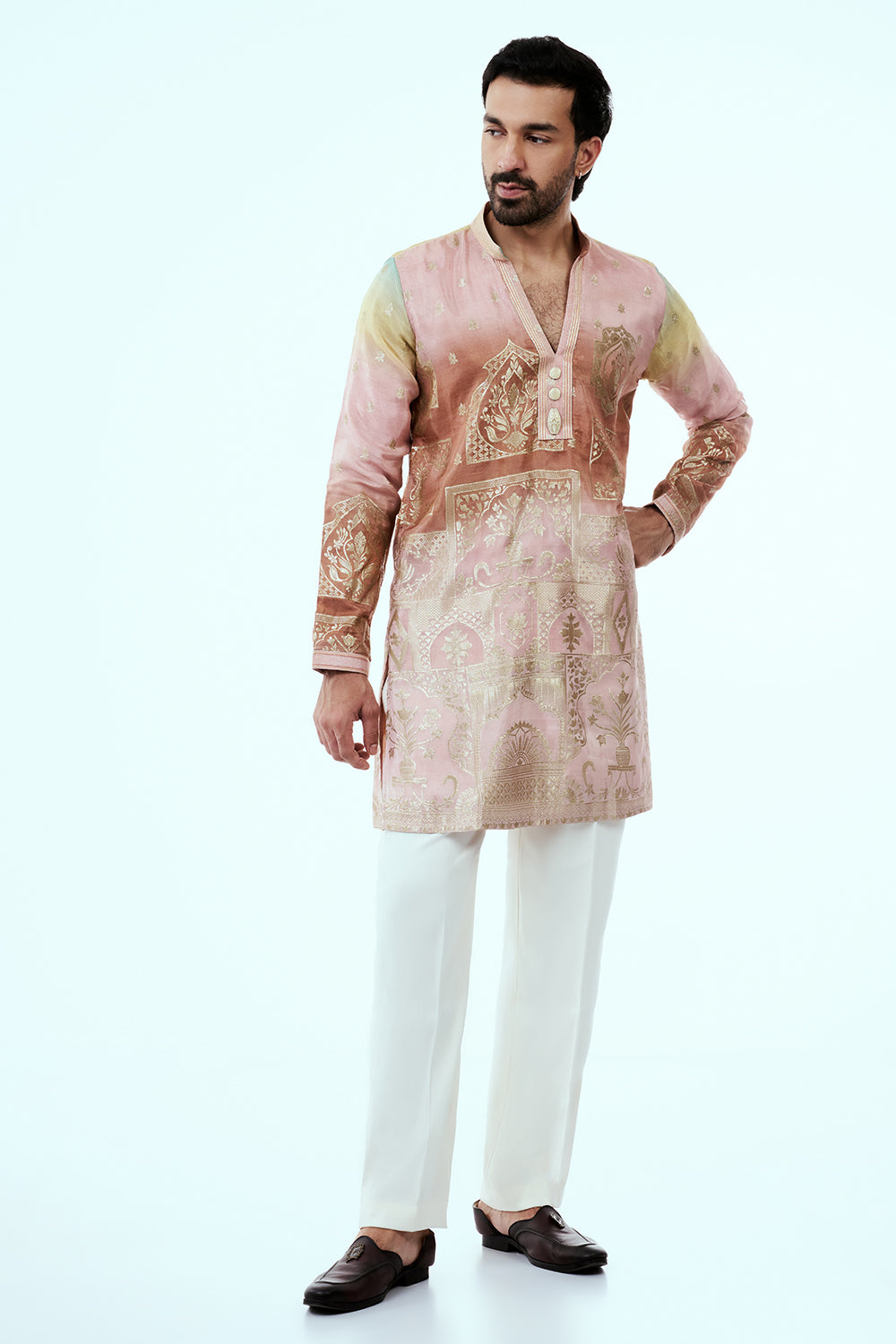 Ombre Peach Art Silk Mens Kurta Set with Traditional Print