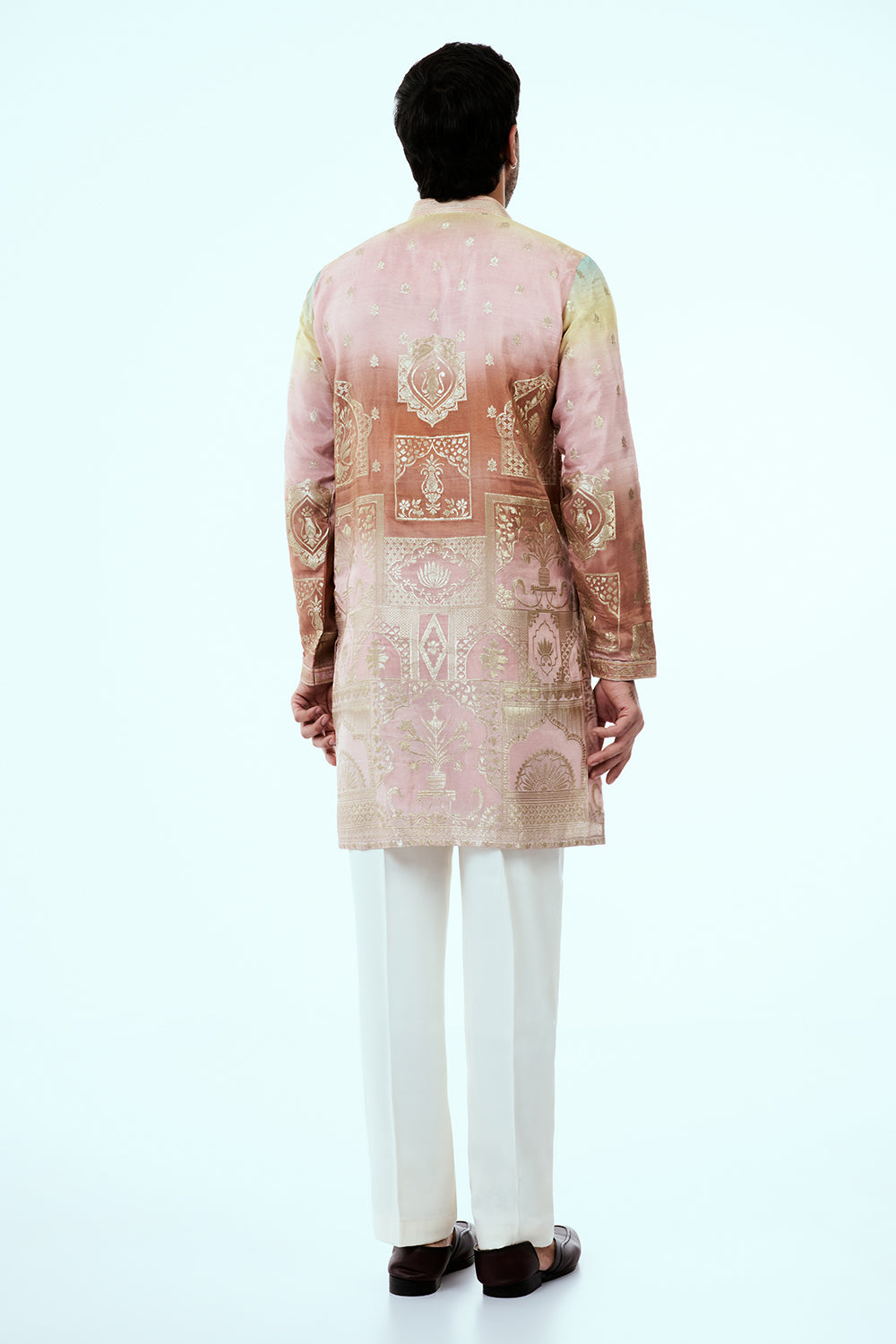 Ombre Peach Art Silk Mens Kurta Set with Traditional Print