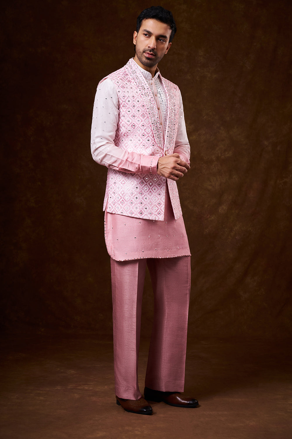 Ombré Peach Nokia Silk Men's Kurta Jacket Set with Mirror Work