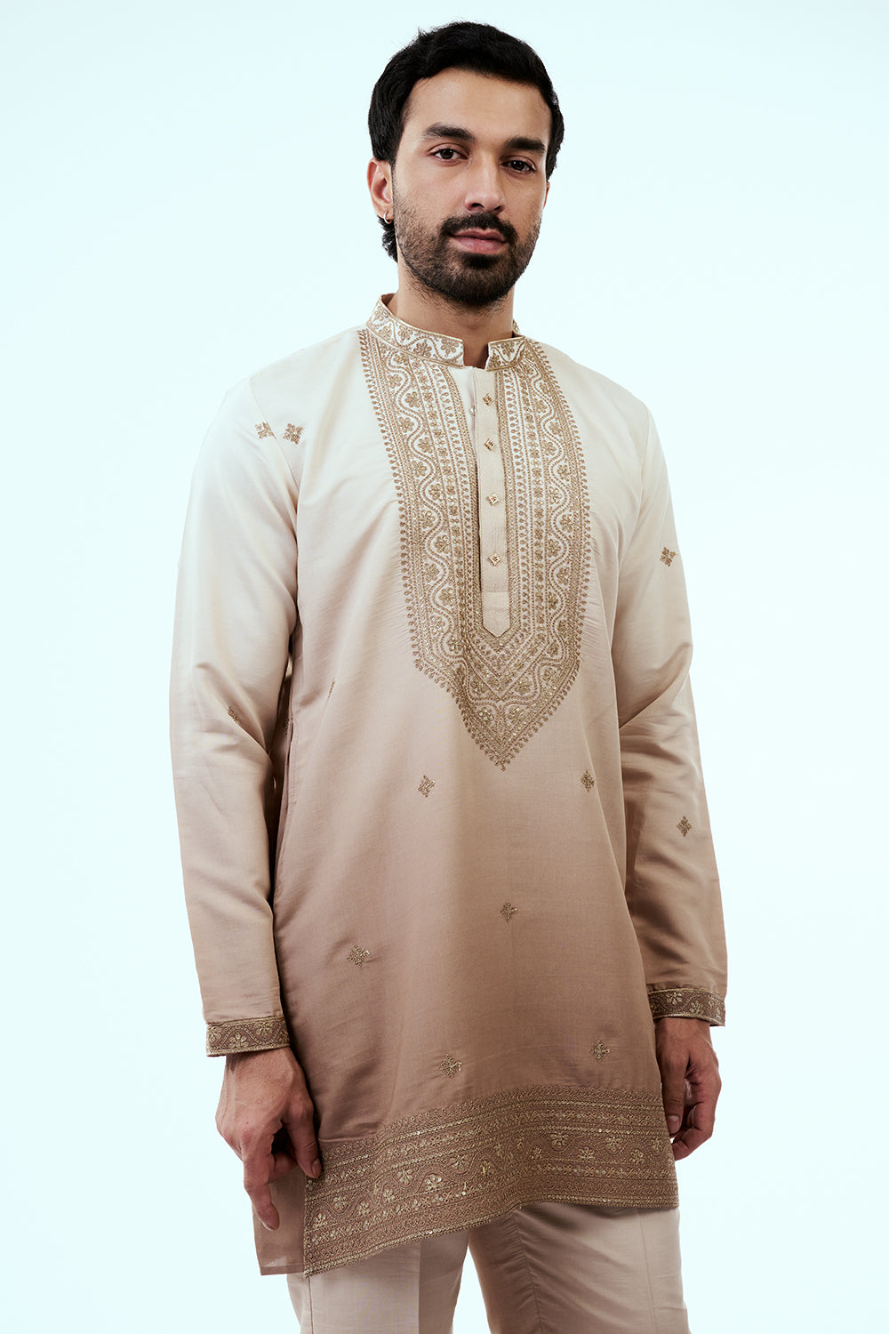 Ombre Peach Nokia Silk Mens Kurta Set with Intricate Threadwork