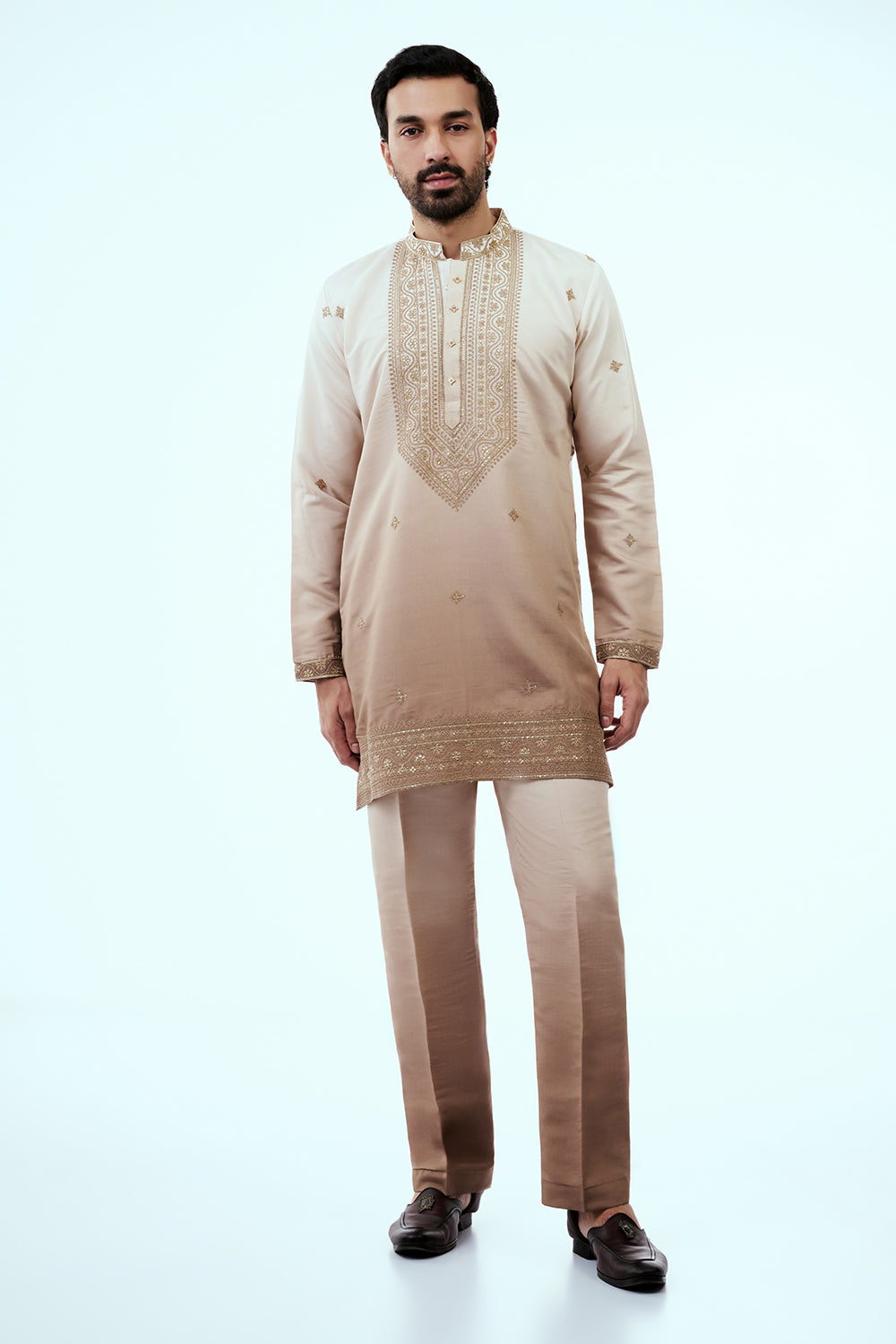 Ombre Peach Nokia Silk Mens Kurta Set with Intricate Threadwork