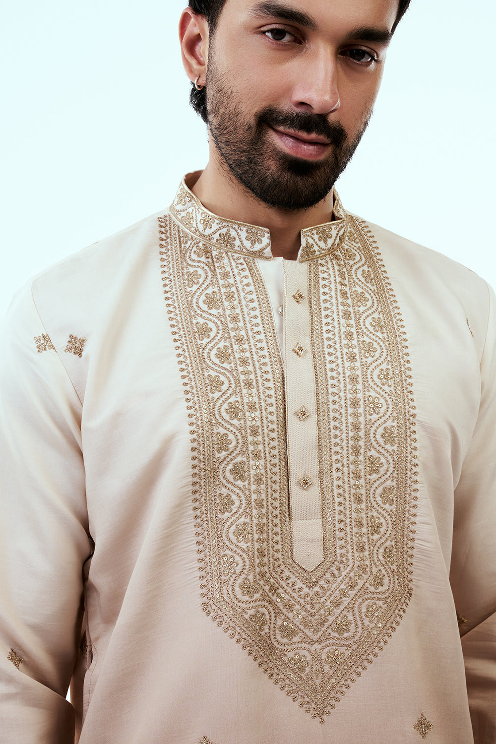 Ombre Peach Nokia Silk Mens Kurta Set with Intricate Threadwork