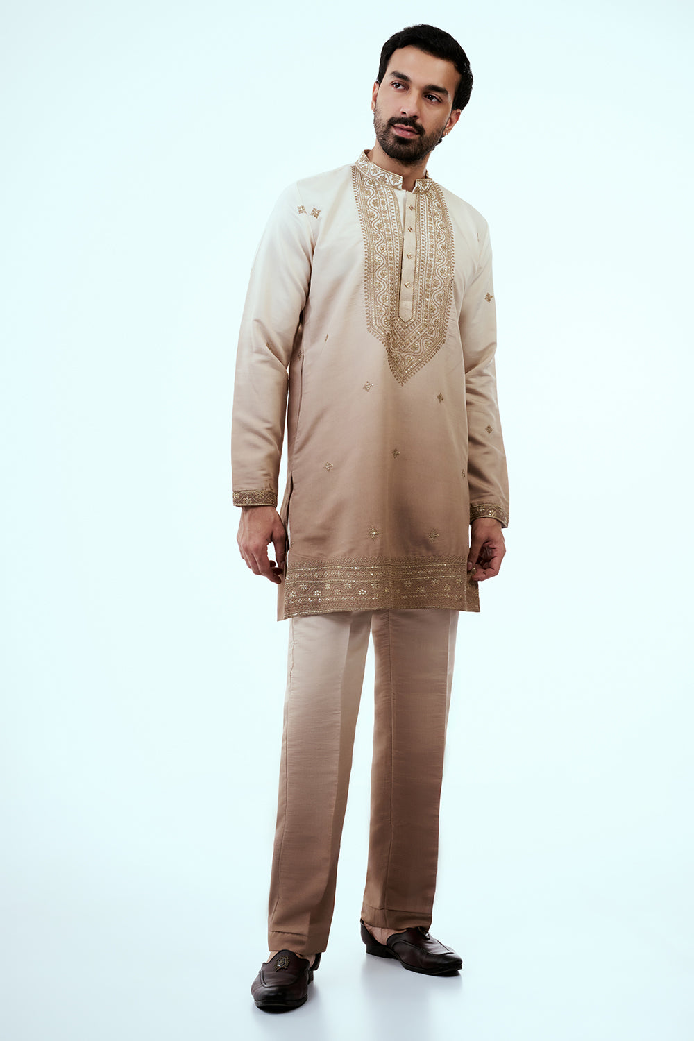 Ombre Peach Nokia Silk Mens Kurta Set with Intricate Threadwork