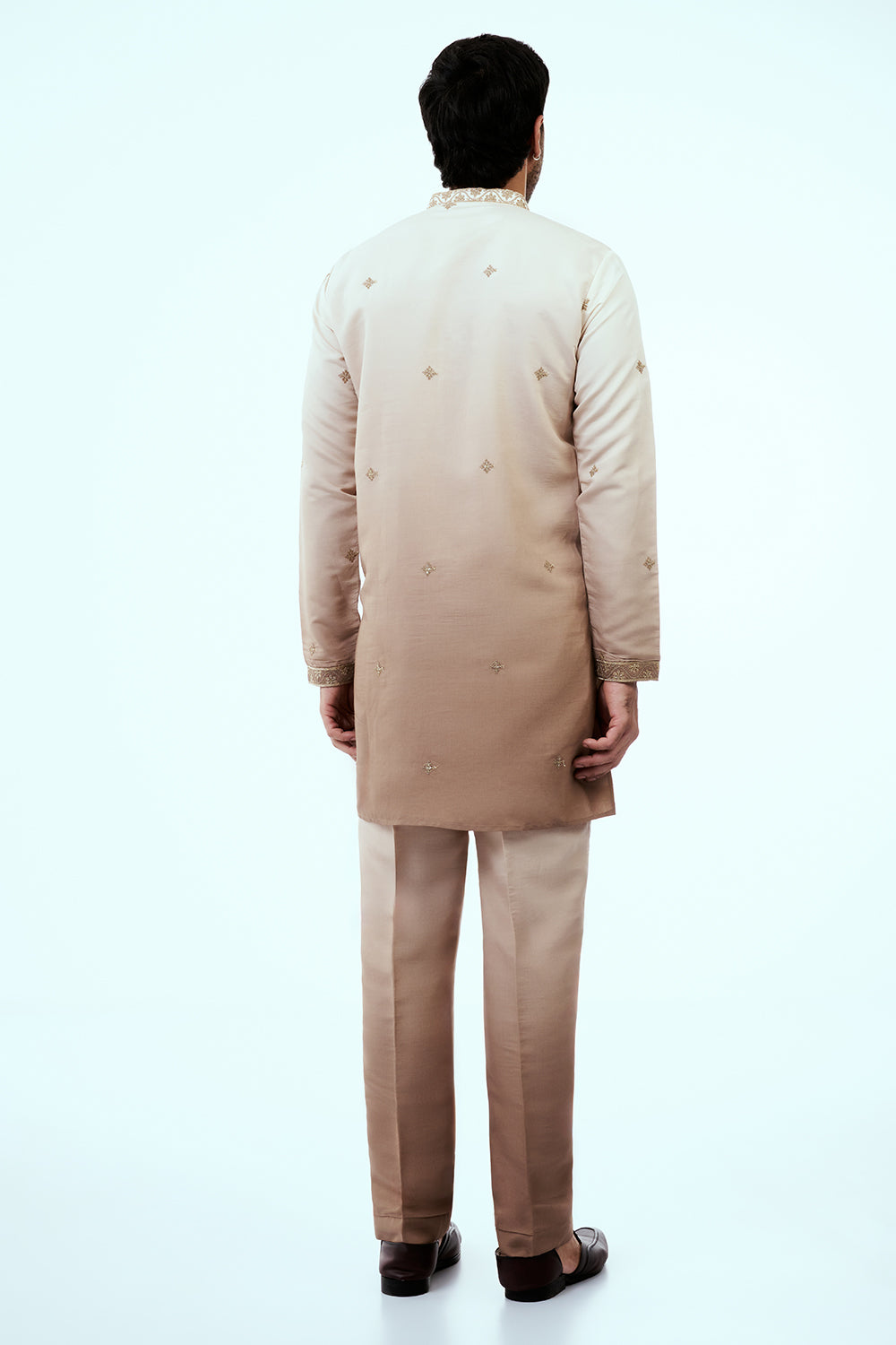 Ombre Peach Nokia Silk Mens Kurta Set with Intricate Threadwork