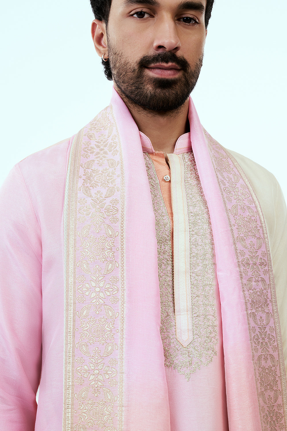 Ombre Pink Peach Nokia Silk Mens Kurta Set with Intricate Zari Embroidery