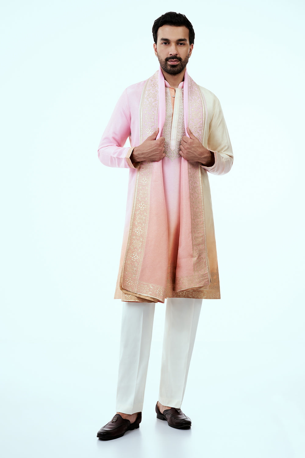 Ombre Pink Peach Nokia Silk Mens Kurta Set with Intricate Zari Embroidery