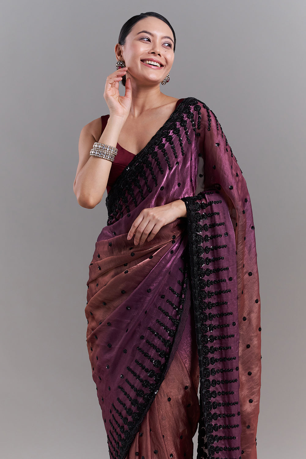 Ombré Purple and Copper Shimmer Satin Organza Embellished Saree and Stitched Blouse