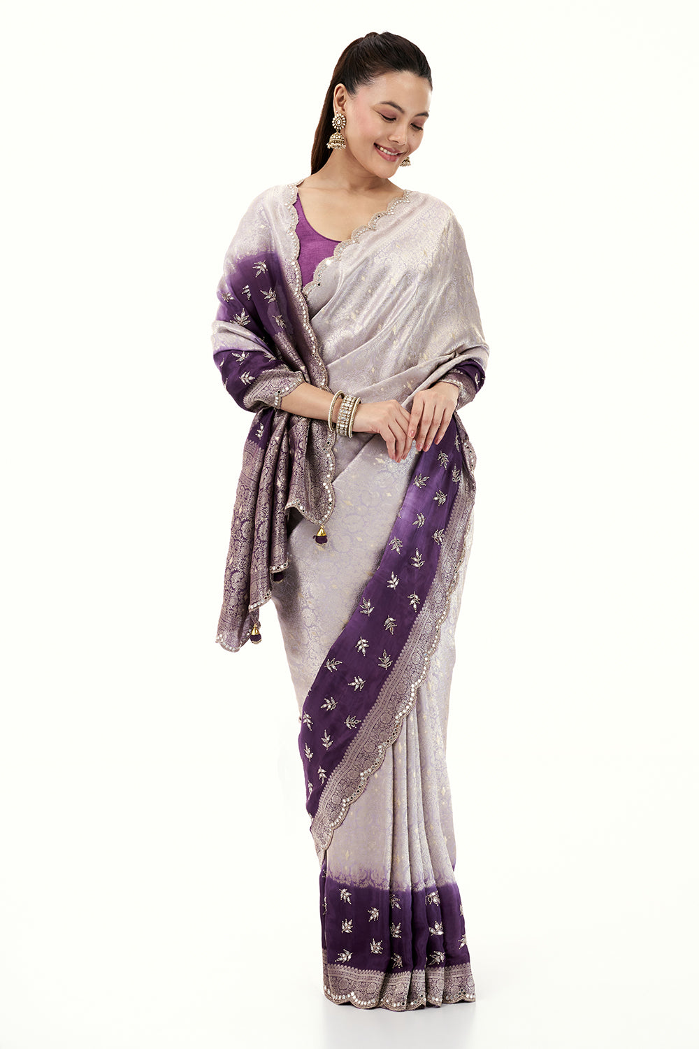 Ombre Purple Brocade Silk Woven Saree with Mirror and Cutdana Work