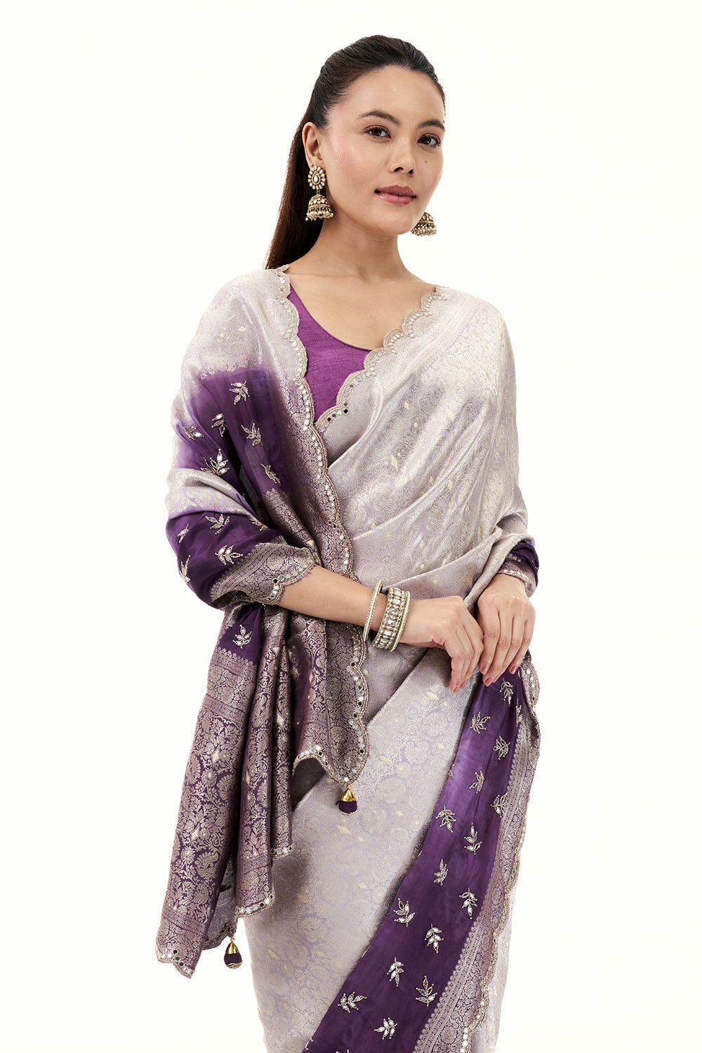 Ombre Purple Brocade Silk Woven Saree with Mirror and Cutdana Work