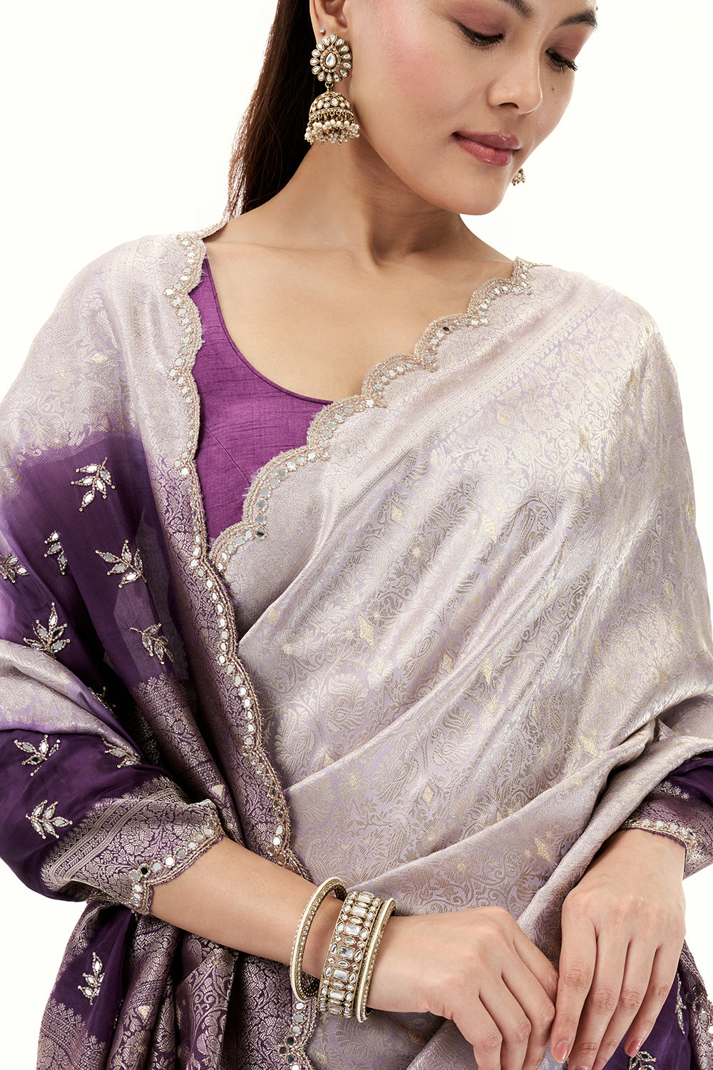 Ombre Purple Brocade Silk Woven Saree with Mirror and Cutdana Work