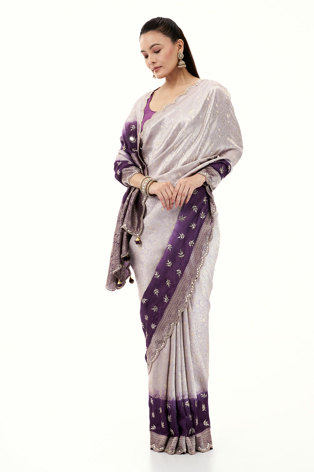 Ombre Purple Brocade Silk Woven Saree with Mirror and Cutdana Work