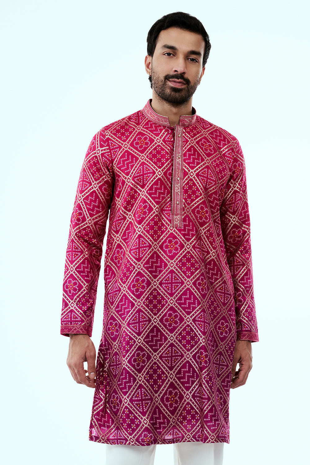 Ombre Rani Pink Blue Silk Bandhani Mens Kurta Set with Multicoloured Threadwork