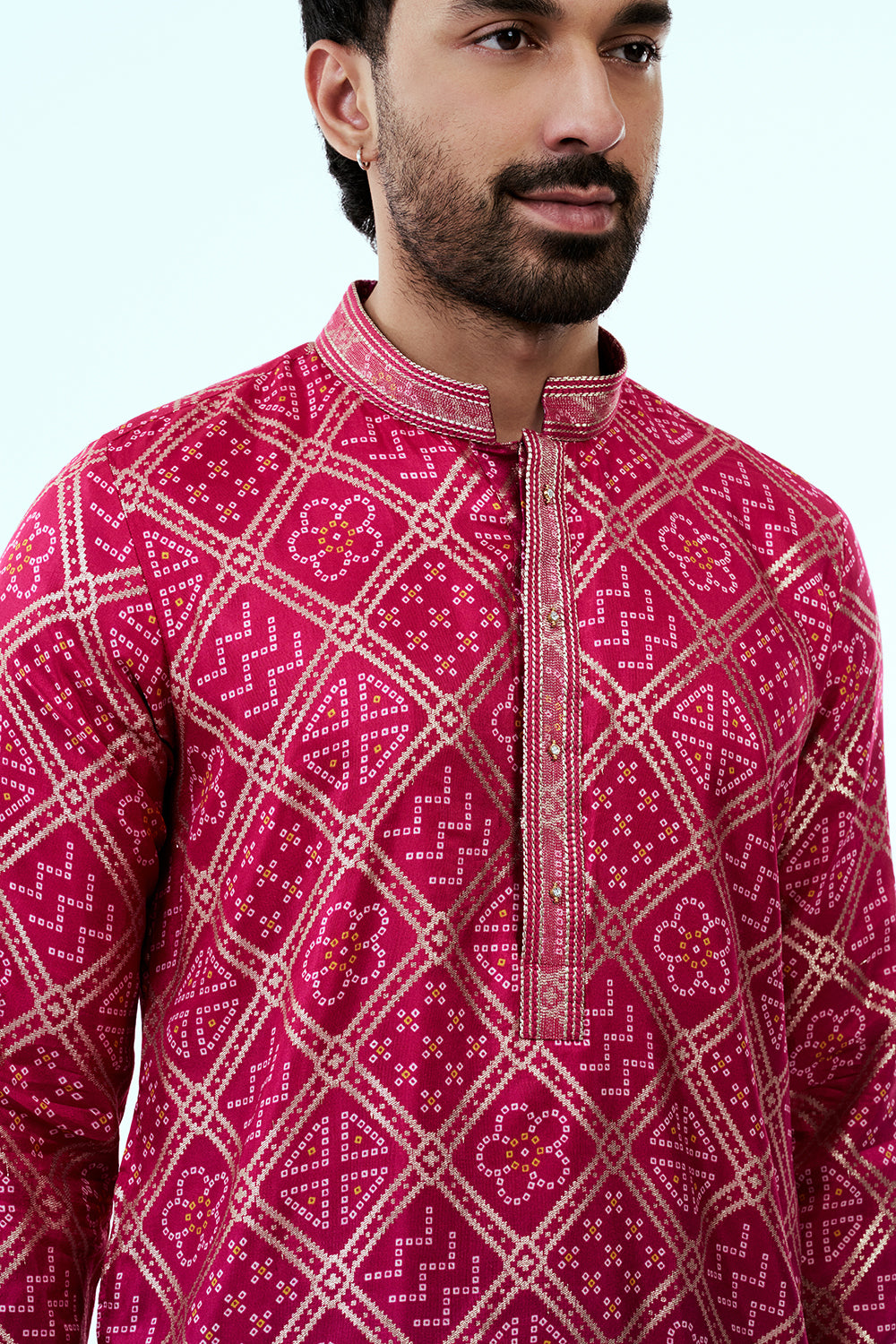Ombre Rani Pink Blue Silk Bandhani Mens Kurta Set with Multicoloured Threadwork