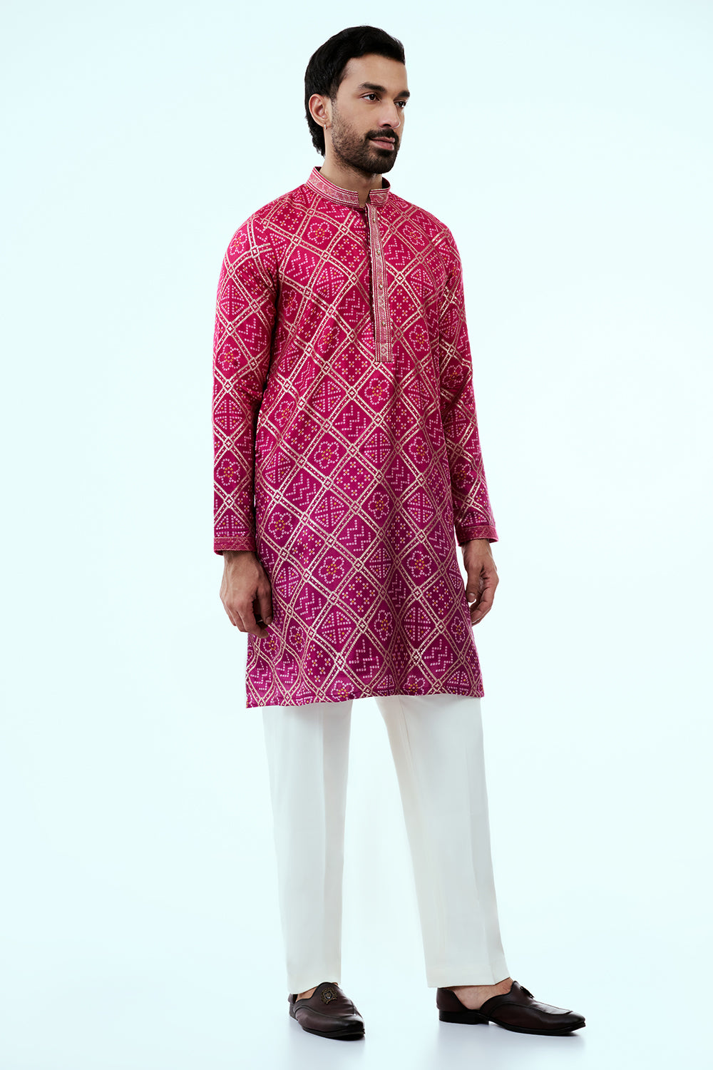 Ombre Rani Pink Blue Silk Bandhani Mens Kurta Set with Multicoloured Threadwork