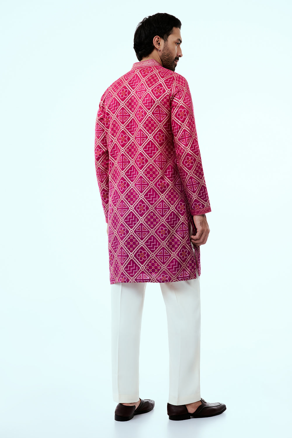 Ombre Rani Pink Blue Silk Bandhani Mens Kurta Set with Multicoloured Threadwork