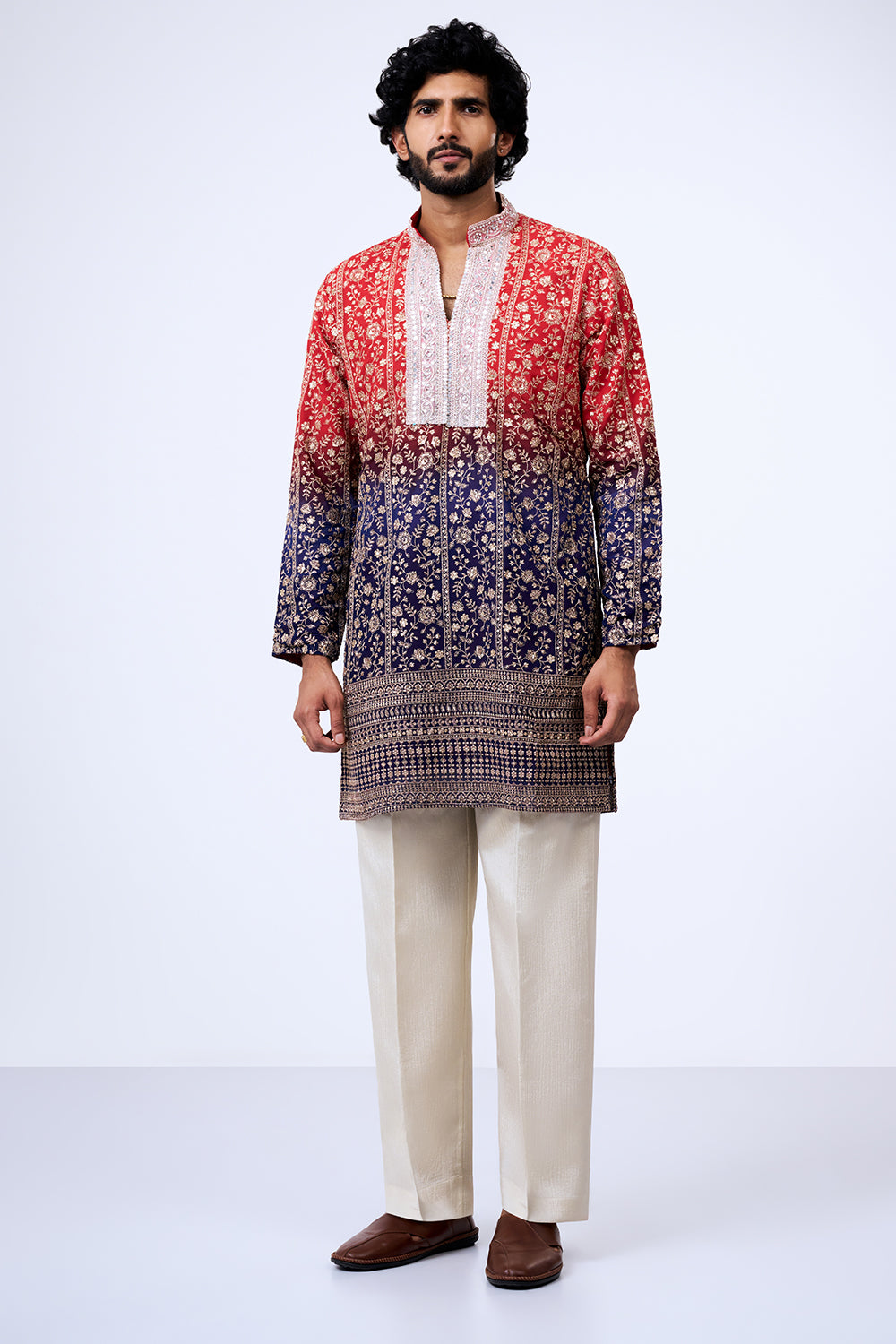 Ombre Red Georgette Floral Zari Embellished Kurta Set