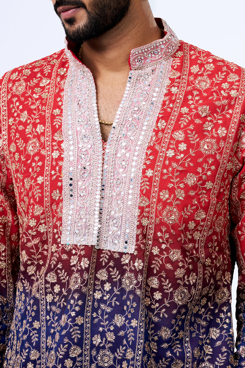 Ombre Red Georgette Floral Zari Embellished Kurta Set