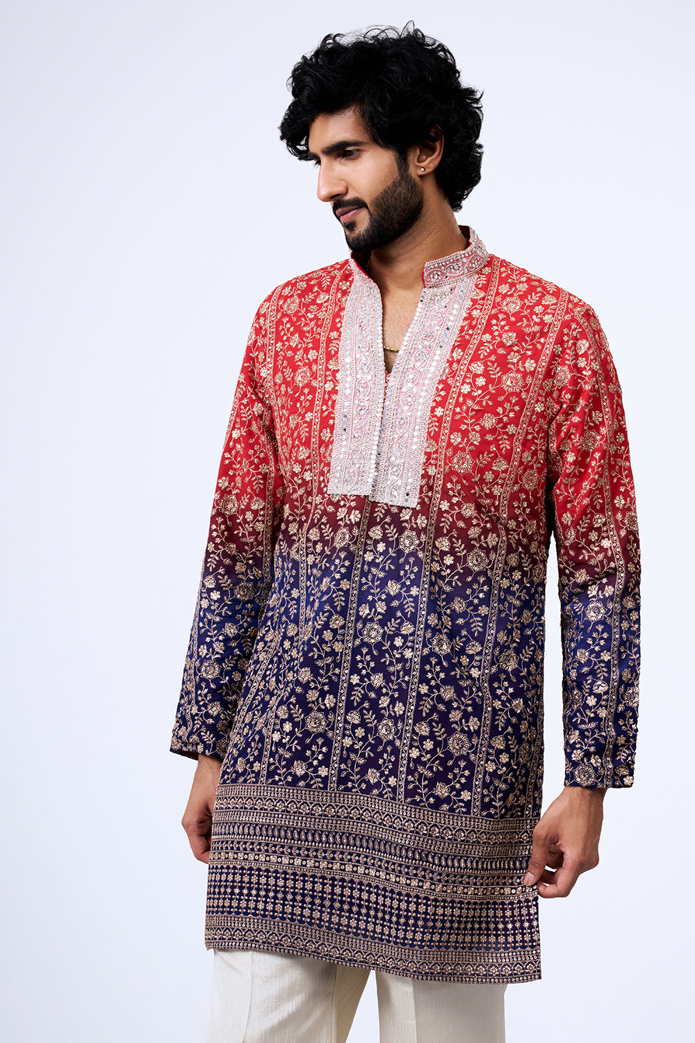 Ombre Red Georgette Floral Zari Embellished Kurta Set