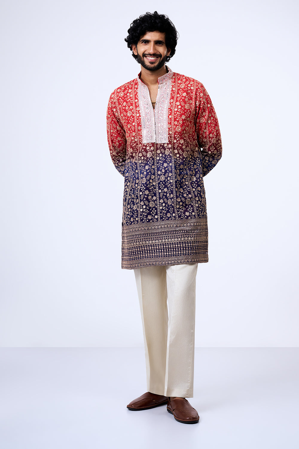 Ombre Red Georgette Floral Zari Embellished Kurta Set