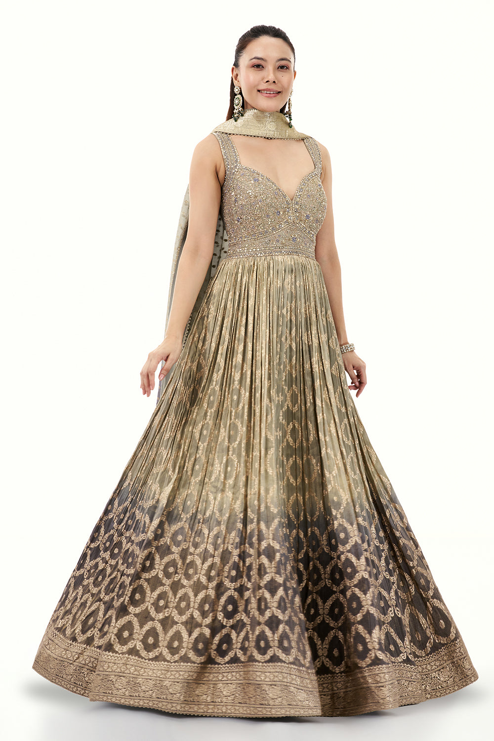 Ombre Silver Grey Brocade Anarkali Suit with Zari and Cutdana Work