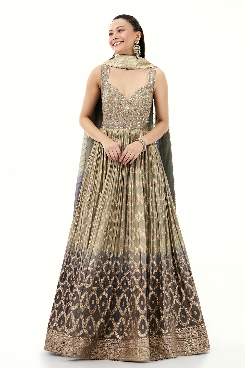 Ombre Silver Grey Brocade Anarkali Suit with Zari and Cutdana Work