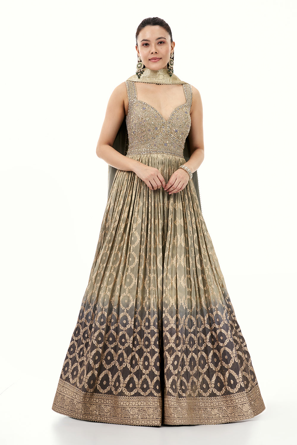 Ombre Silver Grey Brocade Anarkali Suit with Zari and Cutdana Work