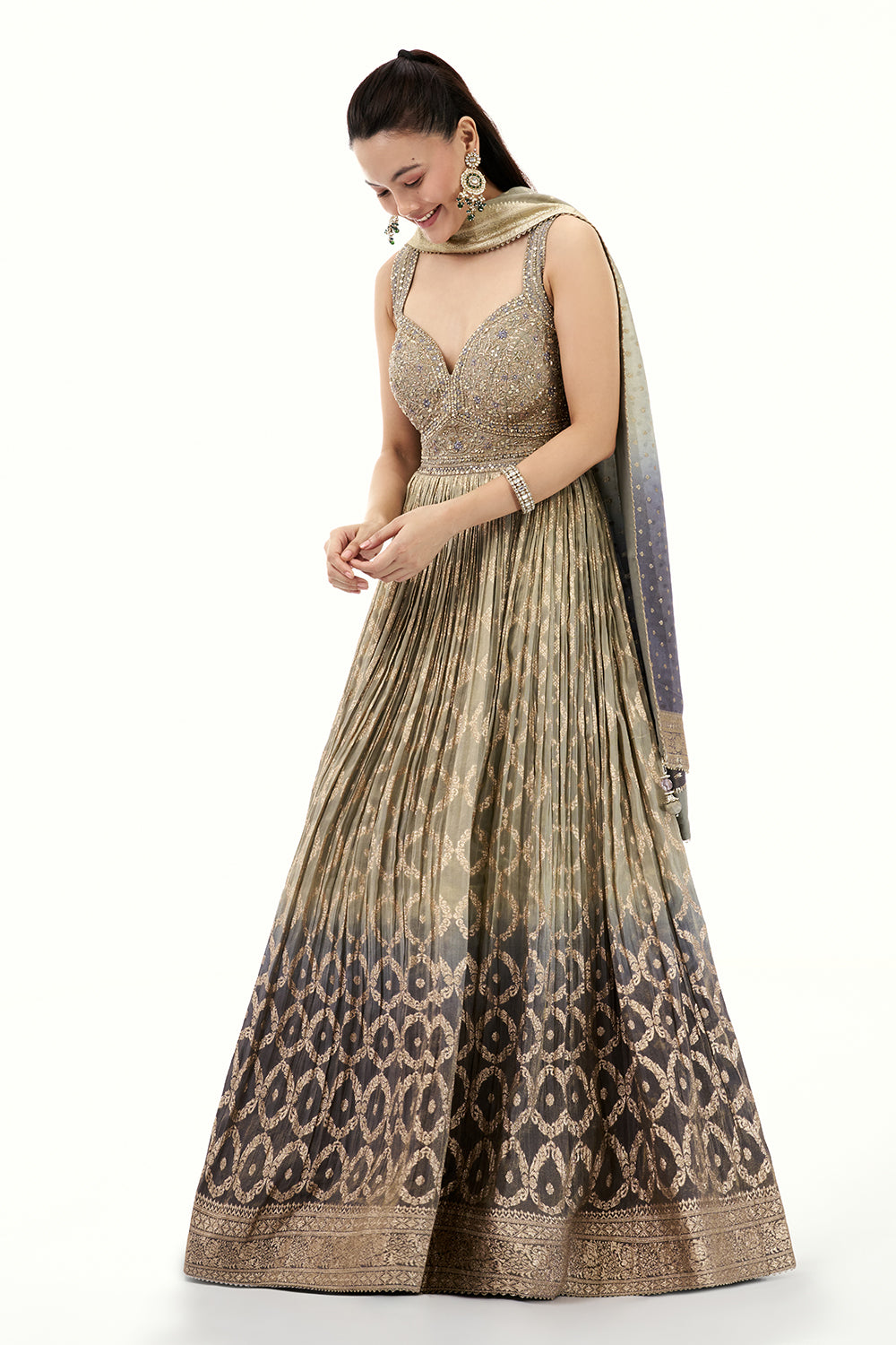 Ombre Silver Grey Brocade Anarkali Suit with Zari and Cutdana Work