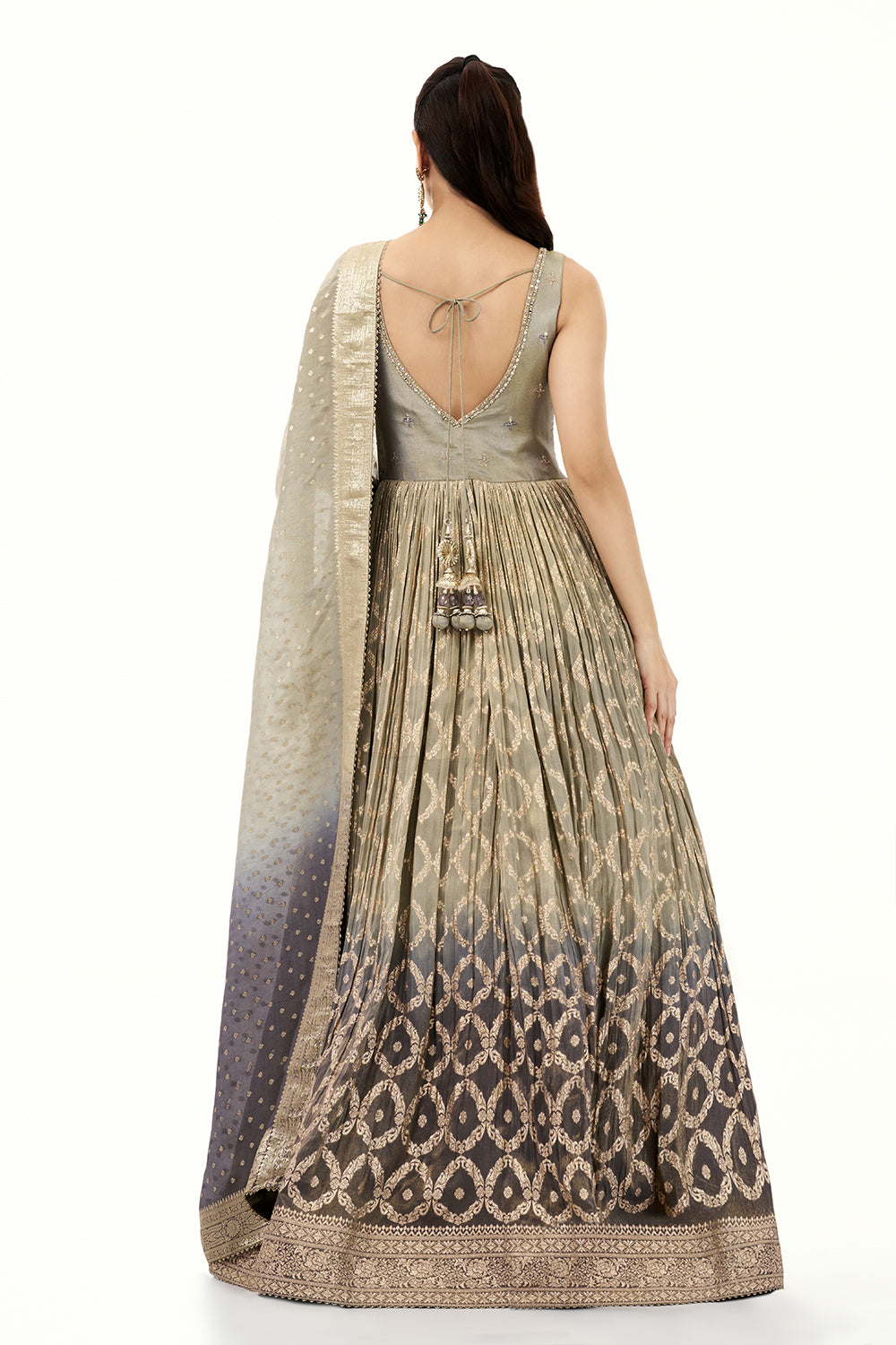 Ombre Silver Grey Brocade Anarkali Suit with Zari and Cutdana Work